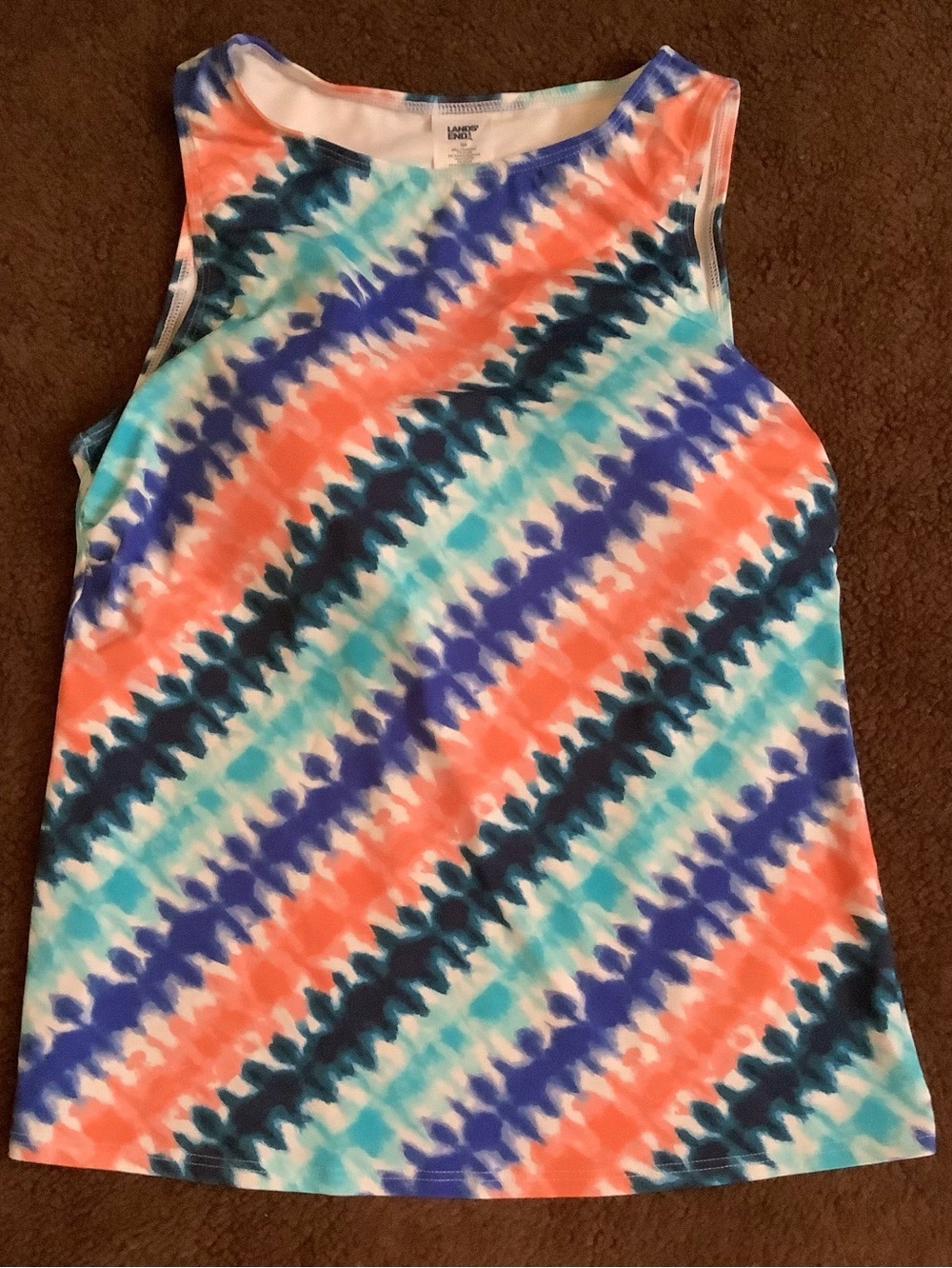 Lands End Tankini Swim Top-Orange Aqua Blue White Diagonal-High Neck-12P-NWOT - Picture 7 of 8